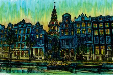 Aquarel Schilderij Kloveniersburgwal Amsterdam Bluehour van Hendrik-Jan Kornelis