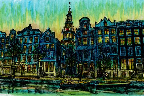 Aquarel Schilderij Kloveniersburgwal Amsterdam Bluehour