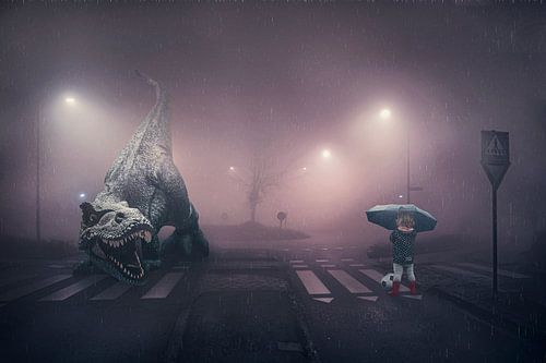 Magische Beeldbewerking: Meisje Speelt Voetbal met Dinosaurus in Mysterieuze Mist