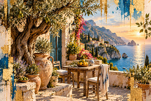 Mediterranean terrace with an olive tree &, sea view | Italian coastal landscape at sunset | Landscape-format poster