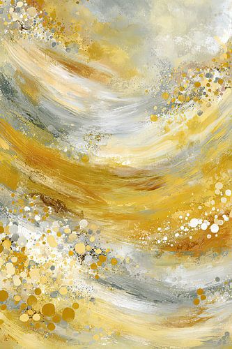 Abstract schilderij met golvende goud- en witte penseelstreken
