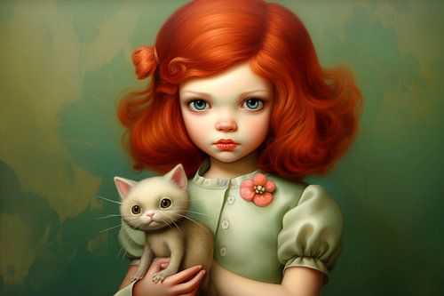 Little redhead girl with kitten