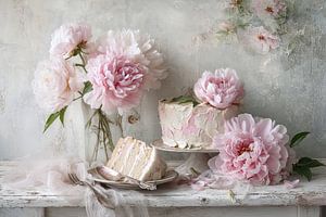 Torte mit Pfingstrosen als Tischdeko – Romantisches Stillleben
