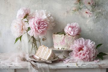 Cake with Peonies as Table Decoration - Romantic Still Life by Joriali photography and paintings