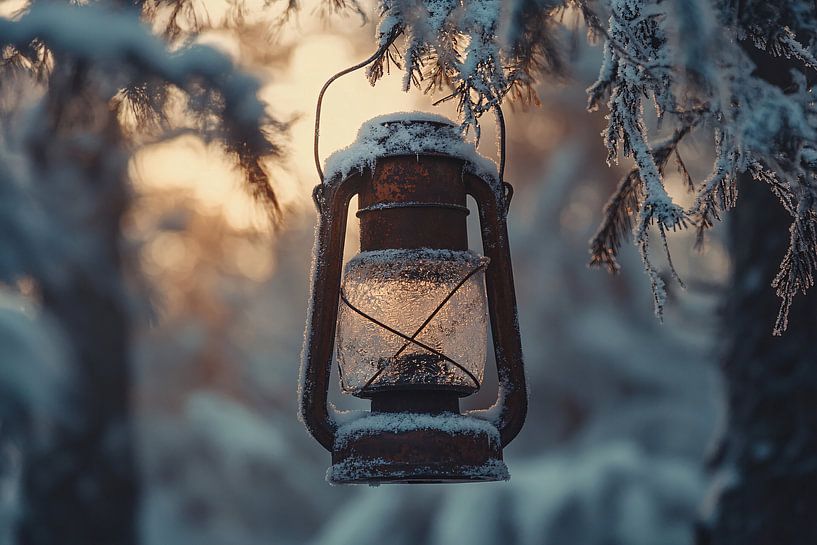 Old rusty lantern in snow by Art & Soul Creations