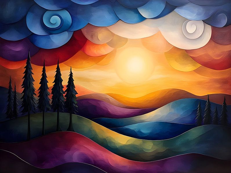 Abstract landschap zonsondergang heuvels en bomen van Jan Bechtum