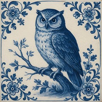Delfter Blau Kachel Eule von FoXo Art