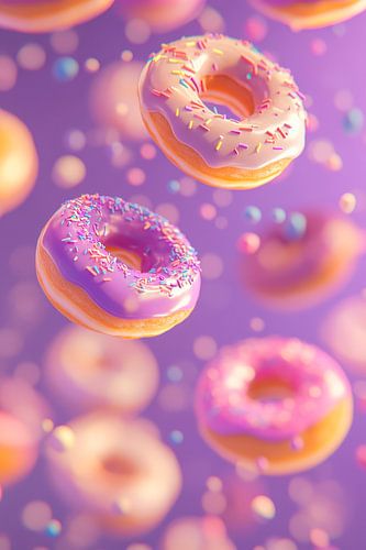 Zwevende donuts in een kleurrijk lichtspel