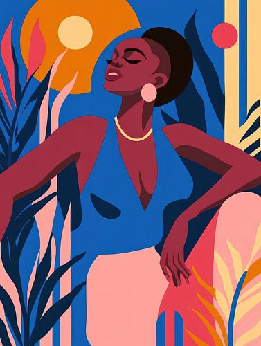 Trotse zwarte vrouw in kleurrijke compositie