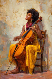 Cellist in a yellow dress with her eyes closed by Steinfox Art