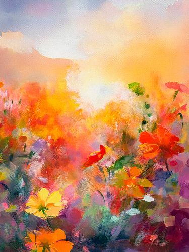 Zomer! Uitbundig bloemenveld tijdens Gouden uur.