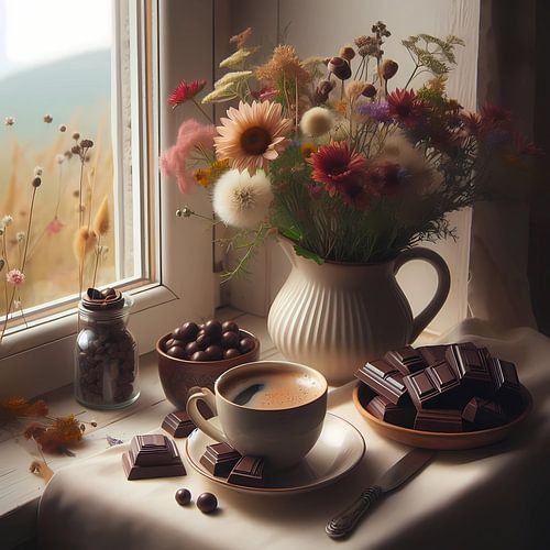 Coffee met chocolate en bloemen