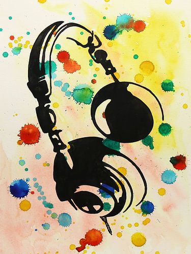 Spetterende hoofdtelefoon (abstract aquarel schilderij DJ muziek spetters vrolijk feest silhouet)