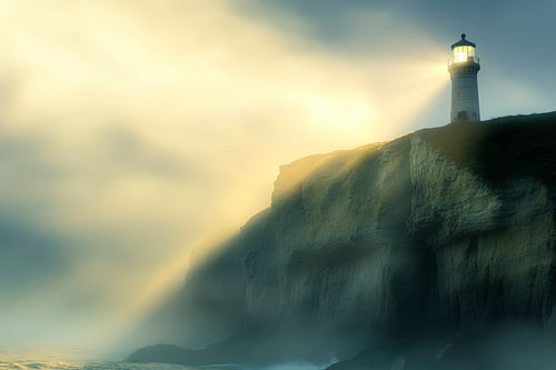 Lighthouse in a misty coastal landscape