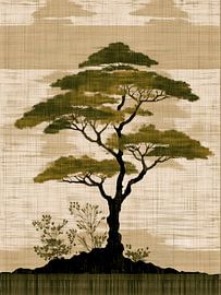 A Japandi tree in earth tones on a woven texture by Studio Pieternel