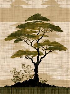 Japandi-Baum in Erdtönen auf gewebter Textur