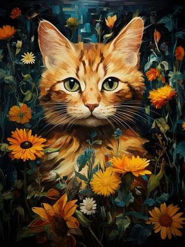 Rode kat met bloemen in moderne kunststijl