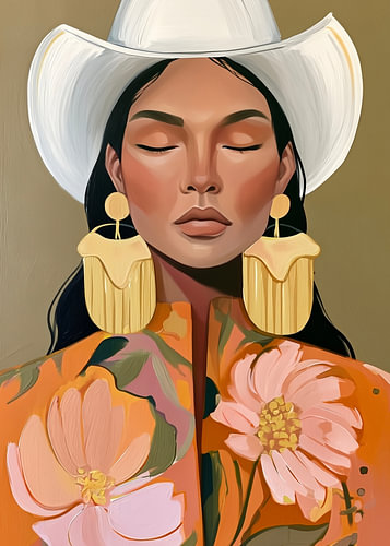 Cowgirl Muse – Portrait of a boho woman in olive green and orange