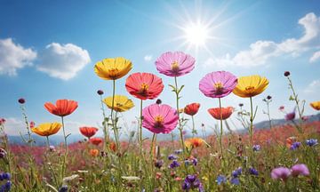 Een bloemenveld met een blauwe lucht op de achtergrond