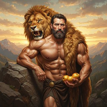Homme avec une peau de lion, tenant des pommes, paysage de montagne