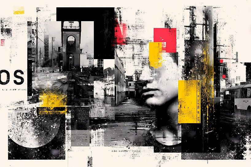 "Urban collage portrait - abstract street art with yellow and red by Niphion Art