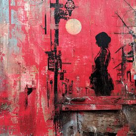 Frau an Laterne - Rot Blau Mysteriös Modern Abstraktes Gemälde von BowiScapes Abstrakt und digitale Kunst
