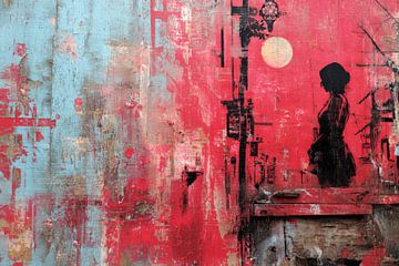 Femme à la lanterne - Rouge Bleu Mystérieux Peinture abstraite moderne sur BowiScapes Art Abstrait  et digital