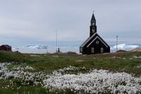 Kirche in Grönland mit Blumen und Eisbergen in der Ferne.