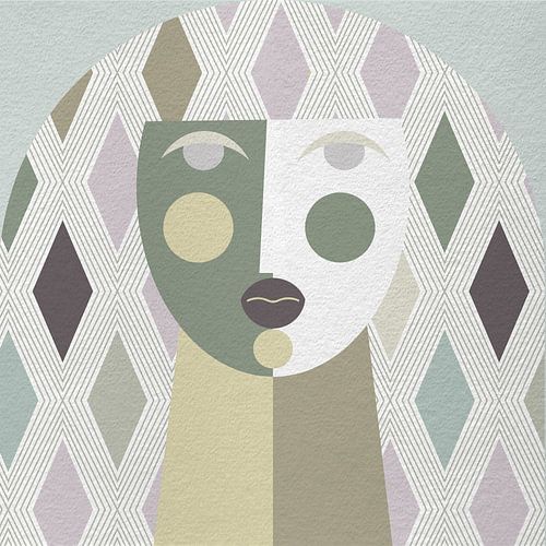 Abstract geometrisch vrouwenportret in retro pastel roze, beige, groen, paars.