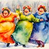 3 dames sociables dansant dans la neige sur De gezellige Dames