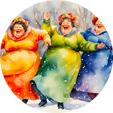 3 gezellige dames dansen in de sneeuw van De gezellige Dames