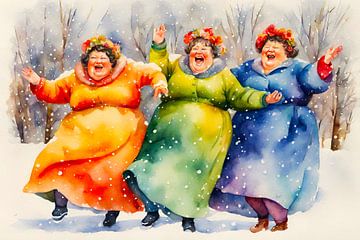 3 sociable ladies dancing in the snow by De gezellige Dames