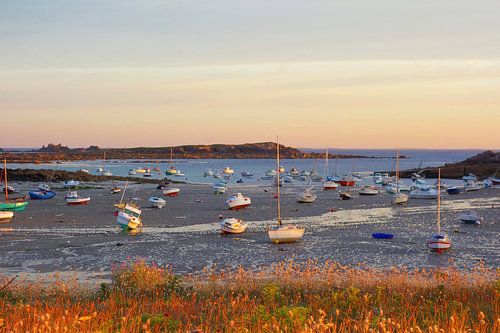View of the bay with boats sitting on dry land