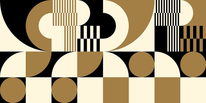 Abstrakte geometrische Retro-Kunst in Gold, Schwarz und Off-White Nr. 6 von Dina Dankers
