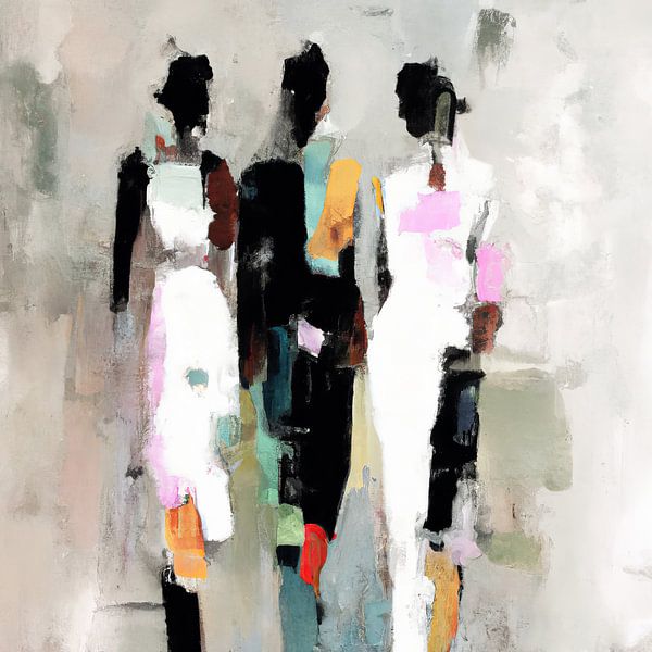 Abstraktes Frauenporträt in Schwarz und Pastell: "Schwesternschaft". von Studio Allee
