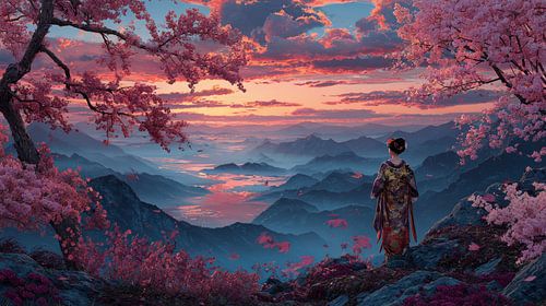Japanese art  landscape Geisha