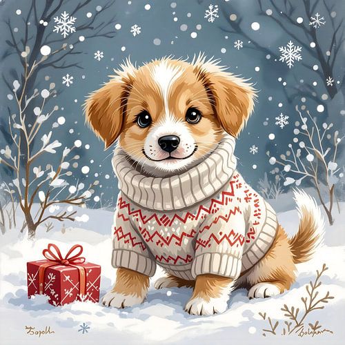 Christmas puppy in the snow