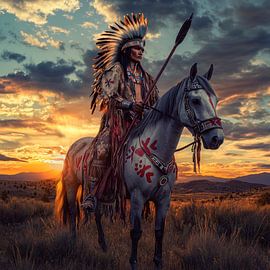 Krieger der Prärie im Sonnenuntergang von Poster Art Shop