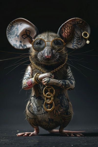 Muis met tattoos en gouden bril op zwarte achtergrond van Digitale Schilderijen