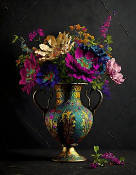Stilleben eines bunten Buches in einer Vase mit Goldakzenten von John van den Heuvel