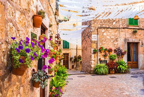 Romantische straat met mooie bloemen in Valldemossa dorp, Mallorca Spanje