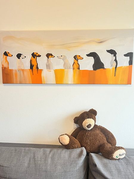 Dogs in a row look at each other