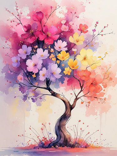 Vibrant Watercolor Blossoms: A Colorful Tree of Life