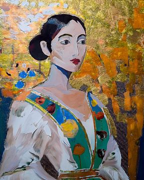 Modern portrait of a classic woman on gold textured background by Studio Pieternel