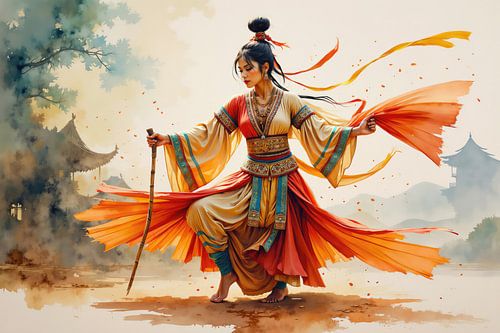 Mooie Aziatische vrouw dansend met oranje jurk en een stok in een