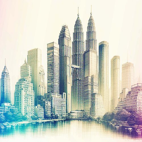 Aquarelle semi-abstraite au pastel de gratte-ciel