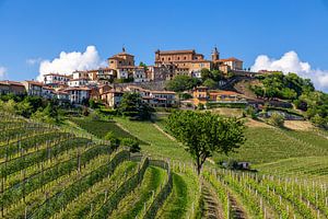 Sonniger Blick auf das Weindorf La Morra, Italien