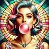 femme avec une bulle de chewing-gum rose dans un style vitrail sur Digital Art Nederland