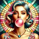 vrouw met roze kauwgombel in glas in lood stijl van Digital Art Nederland thumbnail