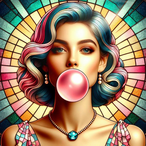vrouw met roze kauwgombel in glas in lood stijl van Digital Art Nederland